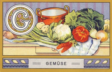 G : Gemuse - Abeceda Palmin. Serie de chromolithographies editees par H. Schlinck & Cie, Hamburg, s. d. . Propagujte Palmin feinstes Cocosfett. Rozměry: 7 x 11 cm