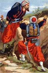 H: Zouaves. Rytina ve "vojenské abecedě" . Iniciály ilustrátora: A. D. Neznámý vydavatel. Chromolitografie konce 19. století. Rozměr: 10,5 x 7 cm.