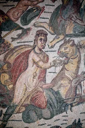 Síň Arionu. Mořská scéna. Mořští tvorové. Nereides a tritoni. 3. - 4. století. Římská vila Casale, Sicílie. památka UNESCO.