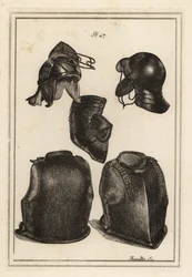 Přilba nebo helma, náprsní deska a zadní část, kterou nosil generál Roundhead Robert Greville, lord Brooke, když byl zabit v Lichfieldu