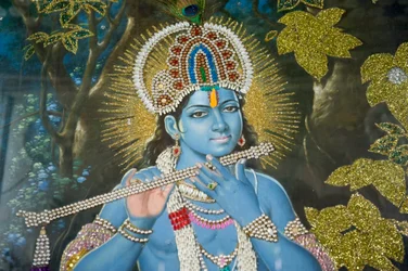 Hinduismus; obraz Pána Krišny s flétnou; chrám Durgiana Mandir Višnu; Amritsar; Paňdžáb; Indie; Jížní Asie; Asie