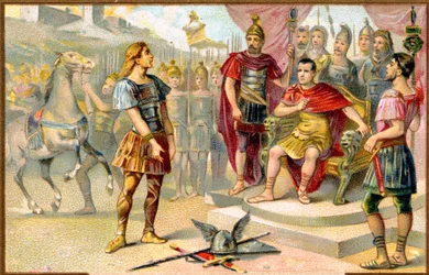 Historie. Starověký Řím. Vercingetorix (náčelník galského kmene: Arvernů) se vzdává Juliu Caesarovi v Alesii, 52 př. n. l. Ilustrace, Francie, kolem roku 1900.