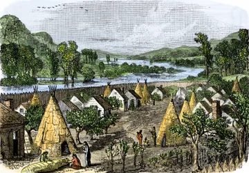 Dějiny původních obyvatel: Mohawk Village, New York, kolem roku 1780. Barevná rytina z 19. století.