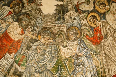 Koptský klášter Svaté Panny a svatého Jana Kame: 9. st. freska: Zvěstování. Marii obklopují proroci Mojžíš, Ezaiáš, Ezechiel a Daniel. Egypt