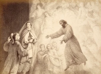 Ve Sféře Marsu se Dante setkává s duchem svého předka Cacciaguidy. Ilustrace k XV. kántu Paradisa Božské komedie Danta Alighieriho. Dílo Francesa Scaramuzzy věnované florentskému magistrátu.