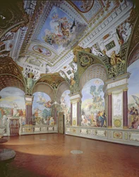 Interiér salonu s freskami od Giovanni da Sangiovanni v paláci Pitti