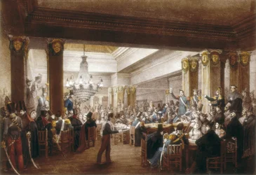 Pohled do interiéru "café Nuevo". Madrid, S.XIX. Rytina. ŠPANĚLSKO. MADRID (AUTONOMNÍ SPOLEČENSTVÍ). Madrid. Historické muzeum