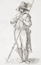 Italský rolník hrající na dulzainu, po díle Cesare Vecellia ze 16. století, z „El Mundo Ilustrado“, vydáno Barcelona