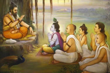 Hinduistický chrám Jalaram Pratna, Leicester. Freska. Krišna a oddaní naslouchající Balarámovi. Spojené království