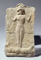 Nádoba zdobená symbolickými motivy obklopujícími bohyni Ištar, babylonská, cca 1700 př. n. l. (terakota)