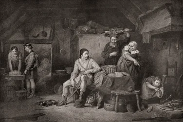 Král Alfréd v chalupě Neatherdů. Alfréd Veliký, asi 848 899. Král Wessexu . legenda vypráví, že když Alfréd uprchl na Somersetské pláně, poskytla mu přístřeší rolnice, která, aniž by věděla o jeho totožnosti, ho nechala hlídat koláče, které měla