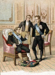 Francouzský král Ludvík XVIII (1755-1824) je velmi nemocný a říká Josephu de Villele v srpnu 1824: "Král může zemřít, nesmí být nemocný." 19. století (chromolitografie)