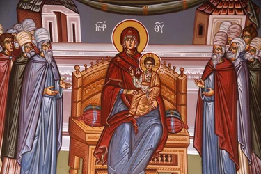 Klášter Kykkos, Kypr. Freska. Panna a dítě obklopené řečníky, 20150510, Pedoulas, Kypr