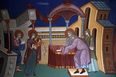Klášter Kykkos, Kypr. Freska zobrazující představení Ježíše v chrámu, 20150510, Pedoulas, Kypr
