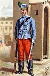 L: Hussard. Rytina ve "vojenské abecedě" . Iniciály ilustrátora: A. D. Neznámý vydavatel. Chromolitografie konce 19. století. Rozměr: 10,5 x 7 cm.