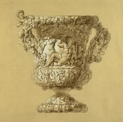 Velký džbán vína. Sépiová kresba akvarelem od Charlese Nicolase Odiota (Charles-Nicolas Odiot (1789-1868), cca 1834.