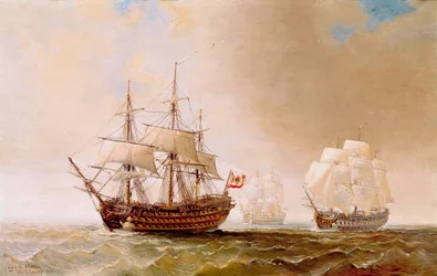Španělská loď San Hermenegildo v bitvě u Trafalgaru 21. října 1805: francouzsko-španělská flotila pod velením admirála Villeneuva se postavila proti britské flotile, které velel viceadmirál Nelson. Anonymní obraz z 19. století