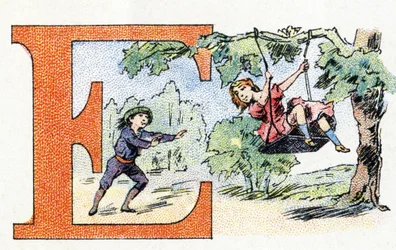 Písmeno E: Scarpolette. Abeceda fosfátu Falieres . Rytina. Brevete abeceda S.G.D.G. od lékárníka Pierre Emile Falieres . Ilustrace v chromolitografii, konec 19. století. 16 stran. Rozměr: 103 x 154 mm