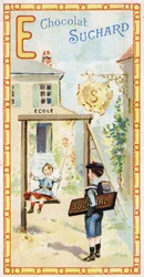 Písmeno E: škola, děti, escarpolette, odznak, znamení, vchod, žebřík, školák. Rytina abecedy v úpravě Chocolat Suchard, počátek 20. století. 24 chromolitografů představujících místa, postavy a předměty k objevení v tl