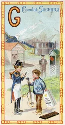 Písmeno G: ledovec, četník, gazometr, dítě, stanice, válečník, korouhvička, kytara. Rytina abecedy v úpravě Chocolat Suchard, počátek 20. století. 24 chromolitografií představujících místa, postavy a předměty, které mají být na snímku objeveny