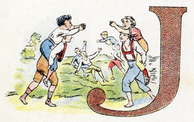 Písmeno J: Hra. Abeceda fosfátu Falieres . Rytina. Brevete abeceda S.G.D.G. od lékárníka Pierre Emile Falieres . Ilustrace v chromolitografii, konec 19. století. 16 stran. Rozměr: 103 x 154 mm