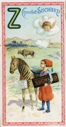Písmeno Z: zefir, zouave, zebu, zebra, nula. Rytina abecedy v úpravě Chocolat Suchard, počátek 20. století. 24 chromolitografií představujících místa, postavy a předměty, které mají být na snímku objeveny. Rozměr: 105 x 55 mm
