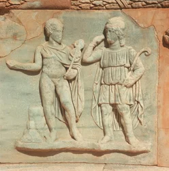 Libye, Historická Tripolitánie, Starověká Sabratha, Divadlo, Detail reliéfu