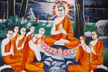 Život Buddhy Dotazování Buddha vycvičil své žáky v umění dotazování, Siem Reap, Kambodža