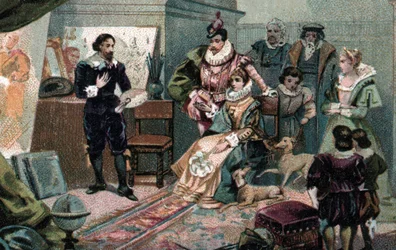 Ludvík XIII a Anna Rakouská v Rubensově studiu, konec 19. století (Chromolitografie)