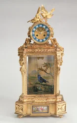 Plášťové hodiny, porcelánové ormolu, se zpívajícím ptačím automatem, francouzsky