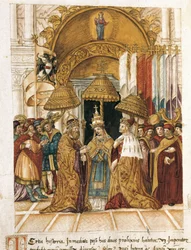 Setkání Fridricha Barberossy (Federica Barbarossy) s papežem Alexandrem III. (Alexandrem, Alessandrem III.) (1105-1181) v Dóžecím paláci v Benátkách v roce 1177.