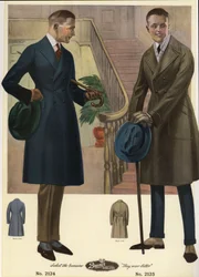 Pánská móda 1920 - Muži ve dvouřadových kabátech, s holemi a klobouky, v šatech. Chromolitografie z katalogu pánské módy od firmy Bruner Woolens.