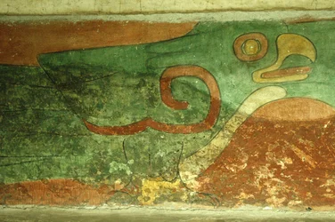Mexiko, Mexico City, Teotihuacan (1. století našeho letopočtu), Chrám jaguárů, freska papouška