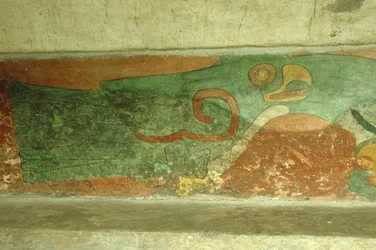 Mexiko, Mexico City, Teotihuacan (1. století našeho letopočtu), Chrám jaguárů, freska papouška