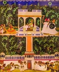 Miniaturní malba, pevnost Mehrangarh, Jodhpur, Jodhpur, Rádžasthán, Indie, Asie (foto)