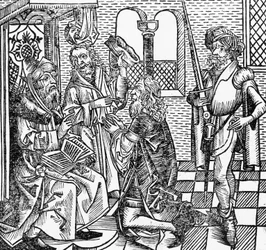 Mohammed u dvora, německý dřevoryt, z Norimberské kroniky (Liber Chronicarum) od Hartmanna Schedela