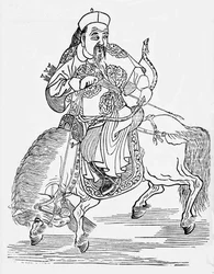 Mongolský lukostřelec na koni (rytina)
