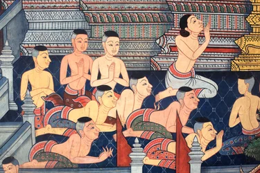 Mniši. Detail nástěnné malby na vnitřních stěnách Vihary z doby krále Rámy III zobrazující Rámakien. Wat Pho - Wat Phra Chetuphon. 1788. Bangkok. Thajsko