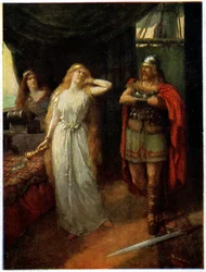 Hudba. Opera. Tristan a Isolda. Ilustrace Ferdinand Leeke k opeře: Tristan und Isolde, Richard Wagner (1865), Německo, kolem roku 1910 (pohlednice)