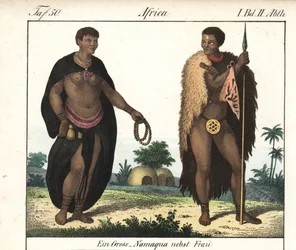 Pár Nama (Jihoafrická republika). Litografie pro knihu: "Friedrich Wilhelm Goedsche (1785-1863), vydání Míšeň (Německo).