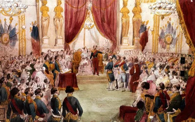 Civilní svatba Napoleona III. v roce 1853 : císař představuje svou manželku Eugenii dvoru, akvarel 19. století