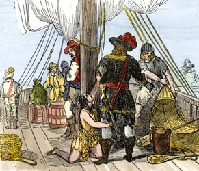 Původní obyvatelstvo Ameriky: Indiáni. Pocahontas zajatá na palubě jamestownské lodi. Barevná rytina z 19. století.