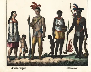 Původní obyvatelé Kanady: rodina indiánů z jezera Nipissing a rodina indiánů z oblasti Ottawy. Litografie pro knihu: (1785-1863), Mei: "Galerie complete en tableaux fideles des peuples d
