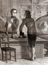 Nicéphore Niépce, i když je stále neznámý a chudý, v obchodě s optikou a přístroji Charlese Chevaliera, z Les Merveilles de la Science, vydáno kolem roku 1870 (rytina)