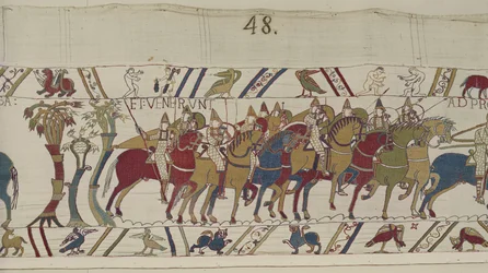 Normanští vojáci opouštějící Hastings bojovat s Haroldem, Bayeux Tapestry (vlněná výšivka na plátně)