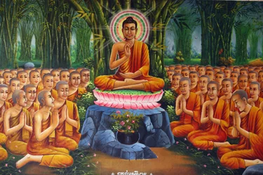 Obraz zobrazující Buddhovo učení mnichům Udong Cambodge