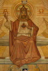 Farní kostel (Heilig-Hartkerk). Interiér. Modernismus. Sbor. Mozaika. Kristus.