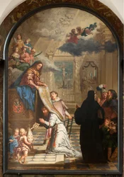 Farní kostel (Farní kostel Panny Marie). Interiér. malování. Panna Maria dává ornát Saint-Ildefonsovi.