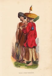 Peasant et soldat Cochinchinois (Vietnam) - Muži z Vietnamu (Cochinchine): voják s turbanem, štítem a kopím a zemědělec se slaměným kloboukem, tunikou a lopatou - Mercierův ručně kolorovaný dřevoryt z knihy "Moeurs, Uses et Costumes de tous les Peuples du 
