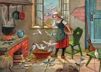 Selská dívka s holuby. (Ilustrace kolem roku 1920)
